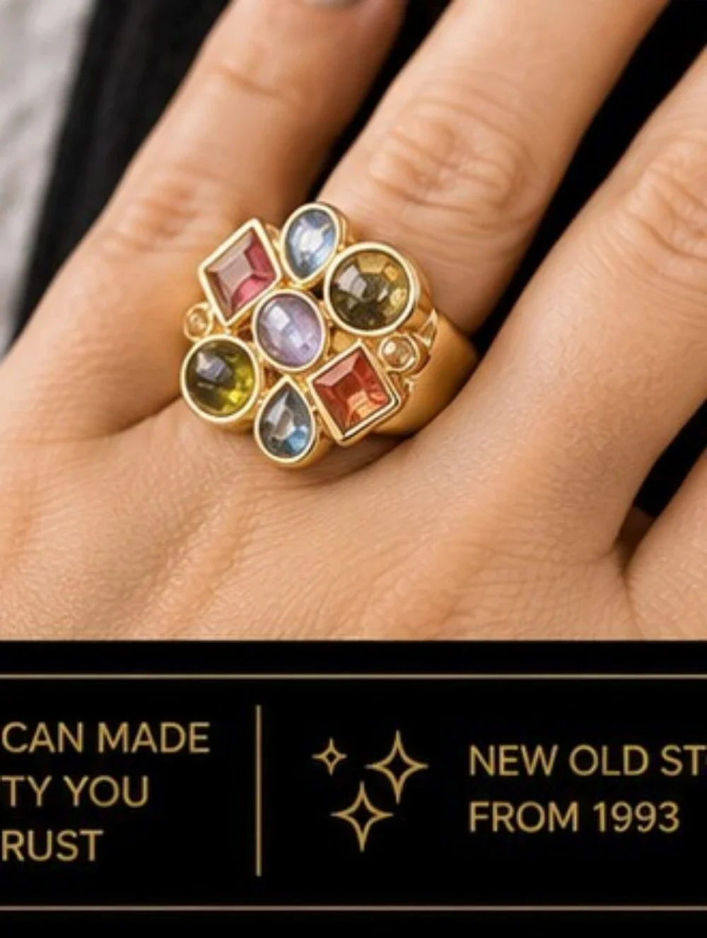 Vintage 1993 Multicolor Statement Cocktail Ring 18K Gold Triple Plated Size 8